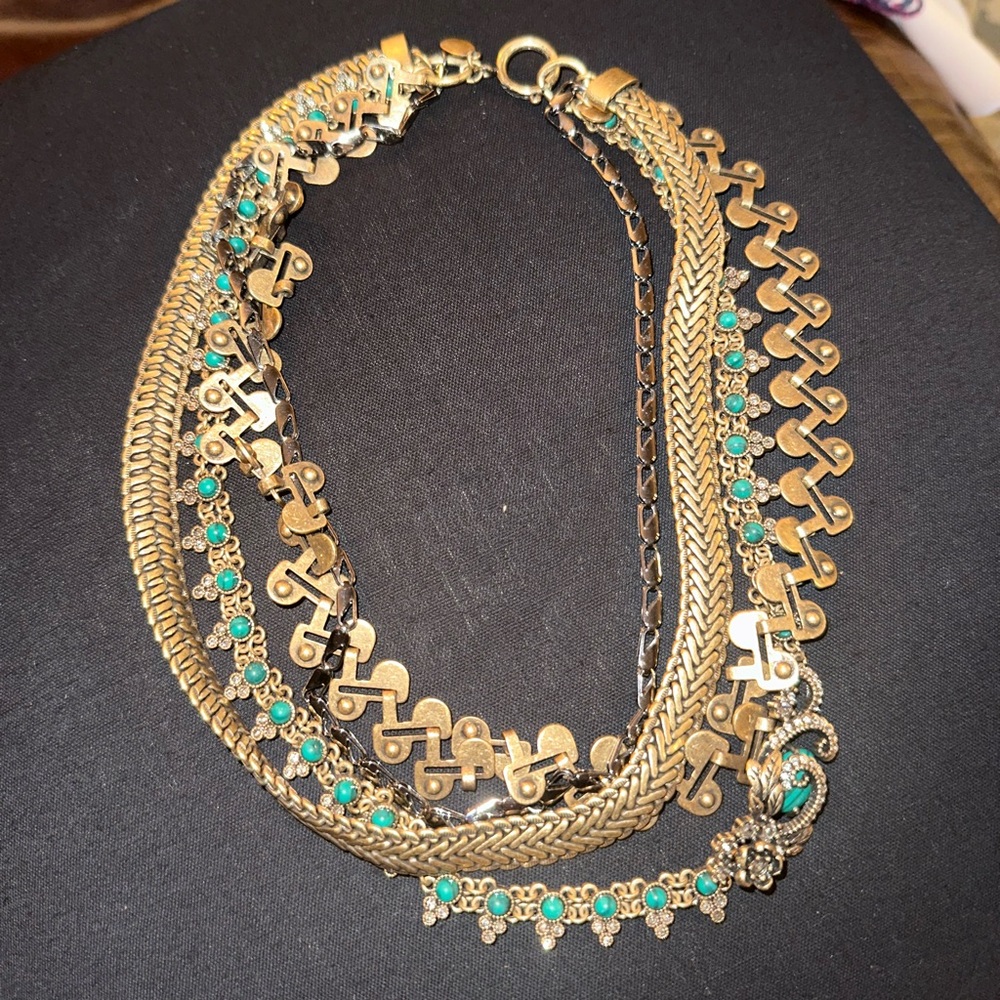 Ann Taylor Gold Statement Necklace with Teal Accents